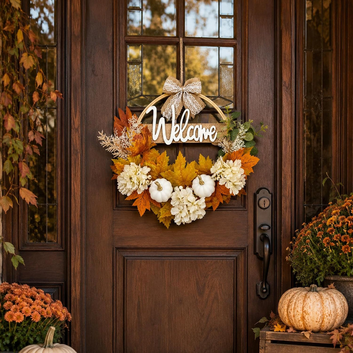 Autumn Maple Leaf Welcome Wreath with Burlap Bow - product image 8