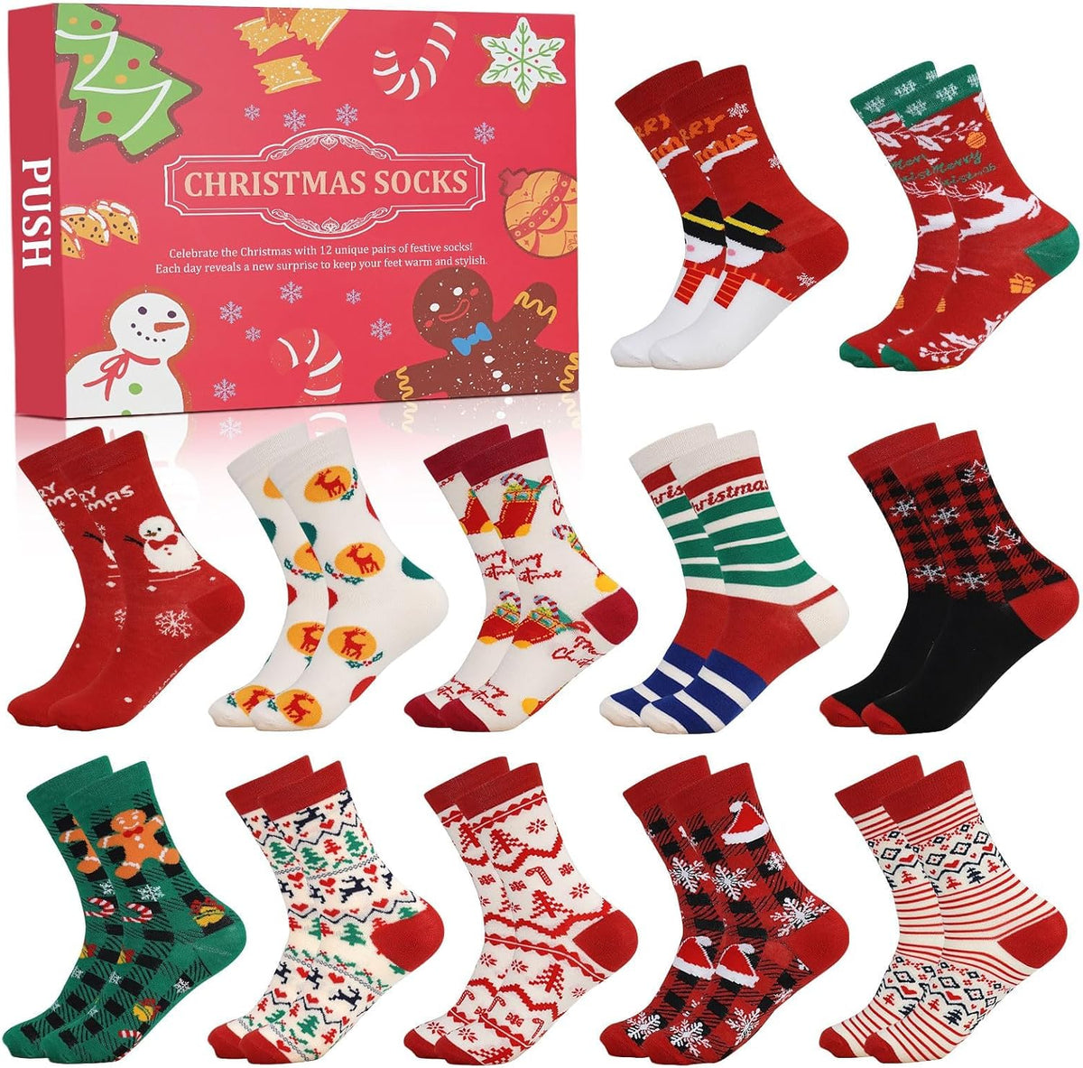 ANOTION Christmas Socks Advent Calendar for Women - 12 Pairs - set and countdown packaging
