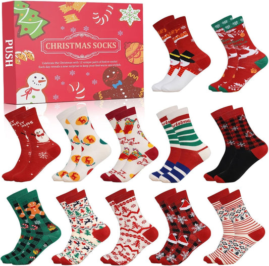 ANOTION Christmas Socks Advent Calendar for Women - 12 Pairs - set and countdown packaging