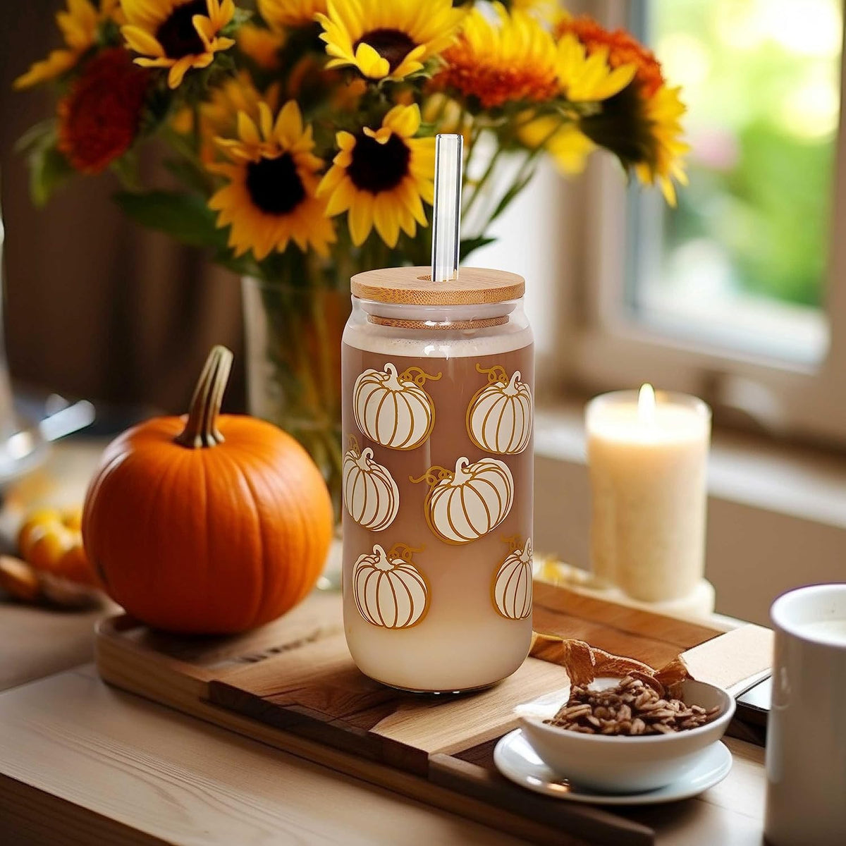 White Pumpkin Fall Glass Cup with Bamboo Lid - 18 oz - product image 5