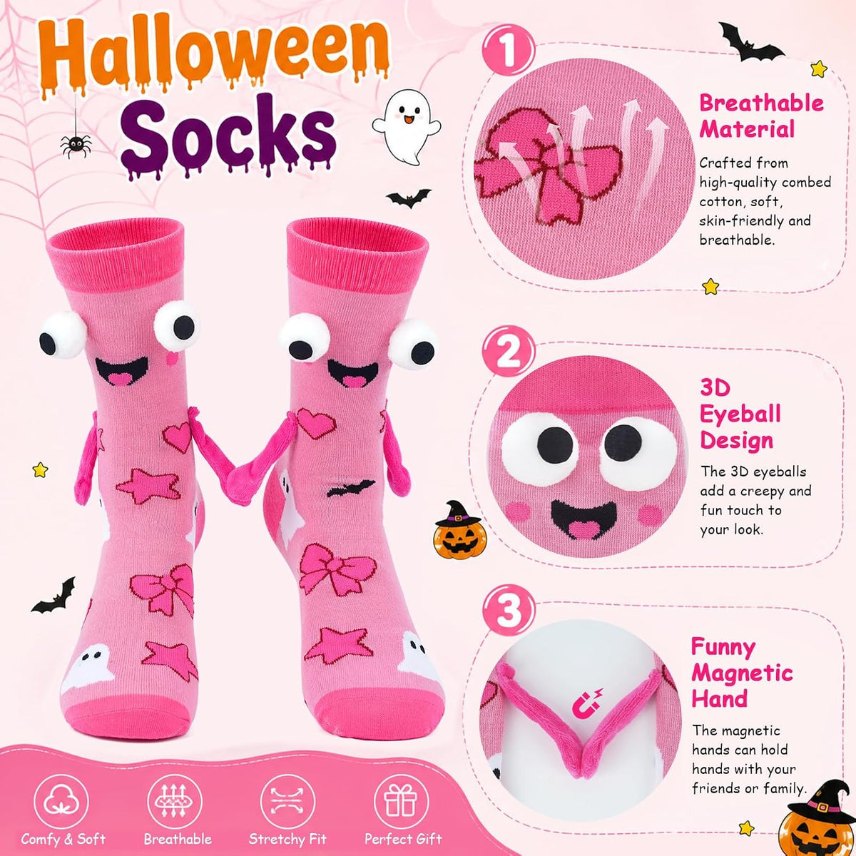 Pink and Orange Hand-Holding Halloween Socks - 2 Pairs - product image 4