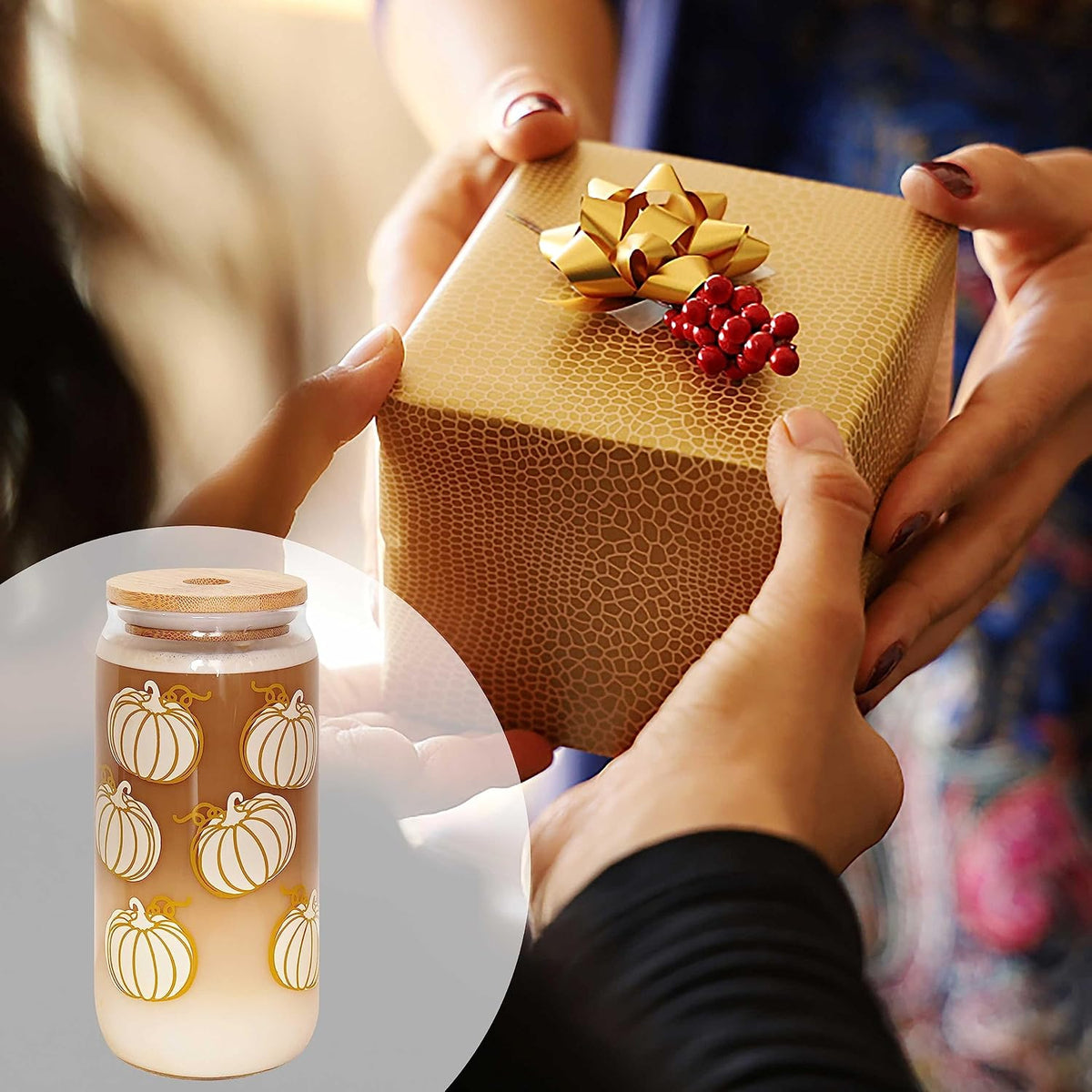 White Pumpkin Fall Glass Cup with Bamboo Lid - 18 oz - product image 7
