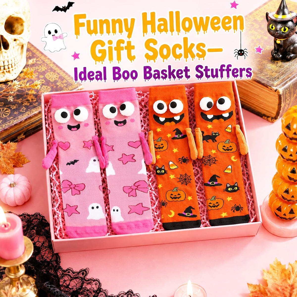 Pink and Orange Hand-Holding Halloween Socks - 2 Pairs - product image 5