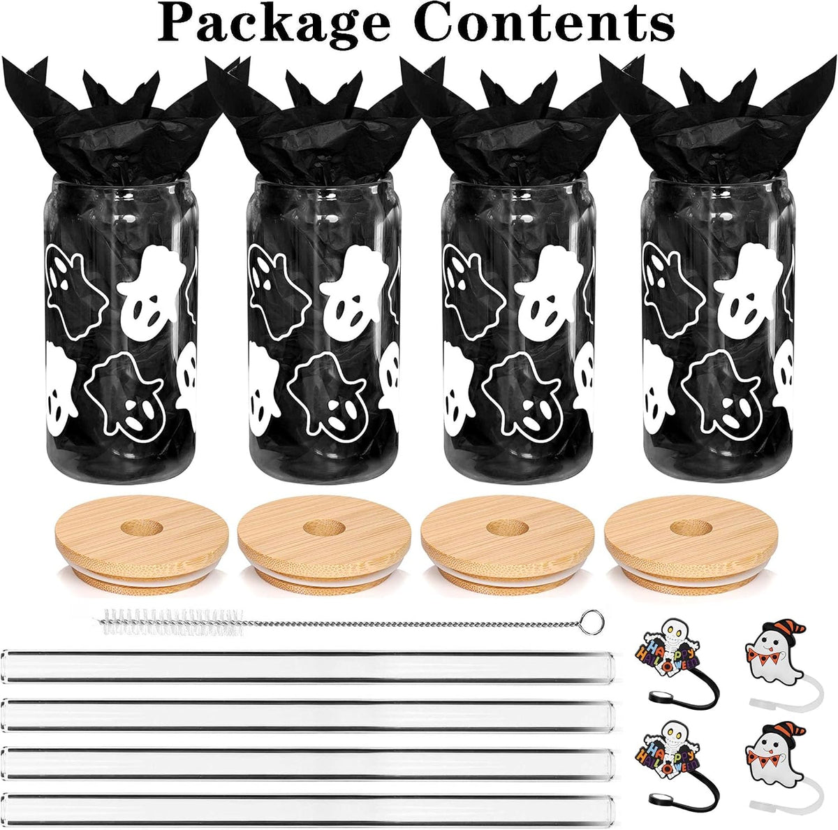 Halloween Ghost Glass Cups with Bamboo Lids - 4 Pack - product image 3