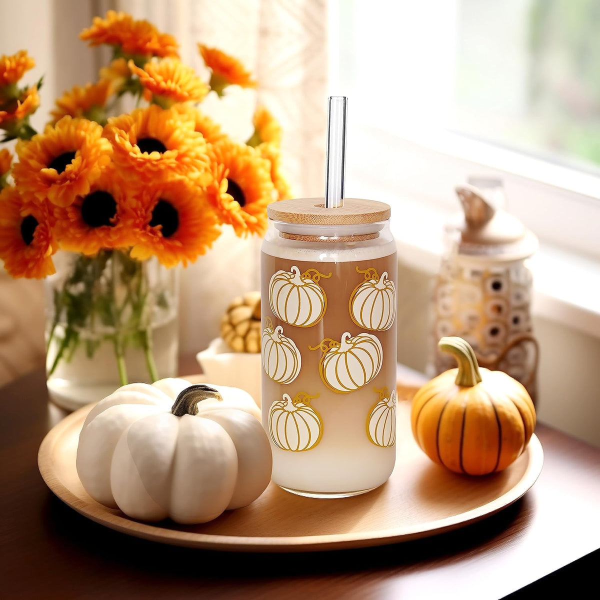 White Pumpkin Fall Glass Cup with Bamboo Lid - 18 oz - product image 3