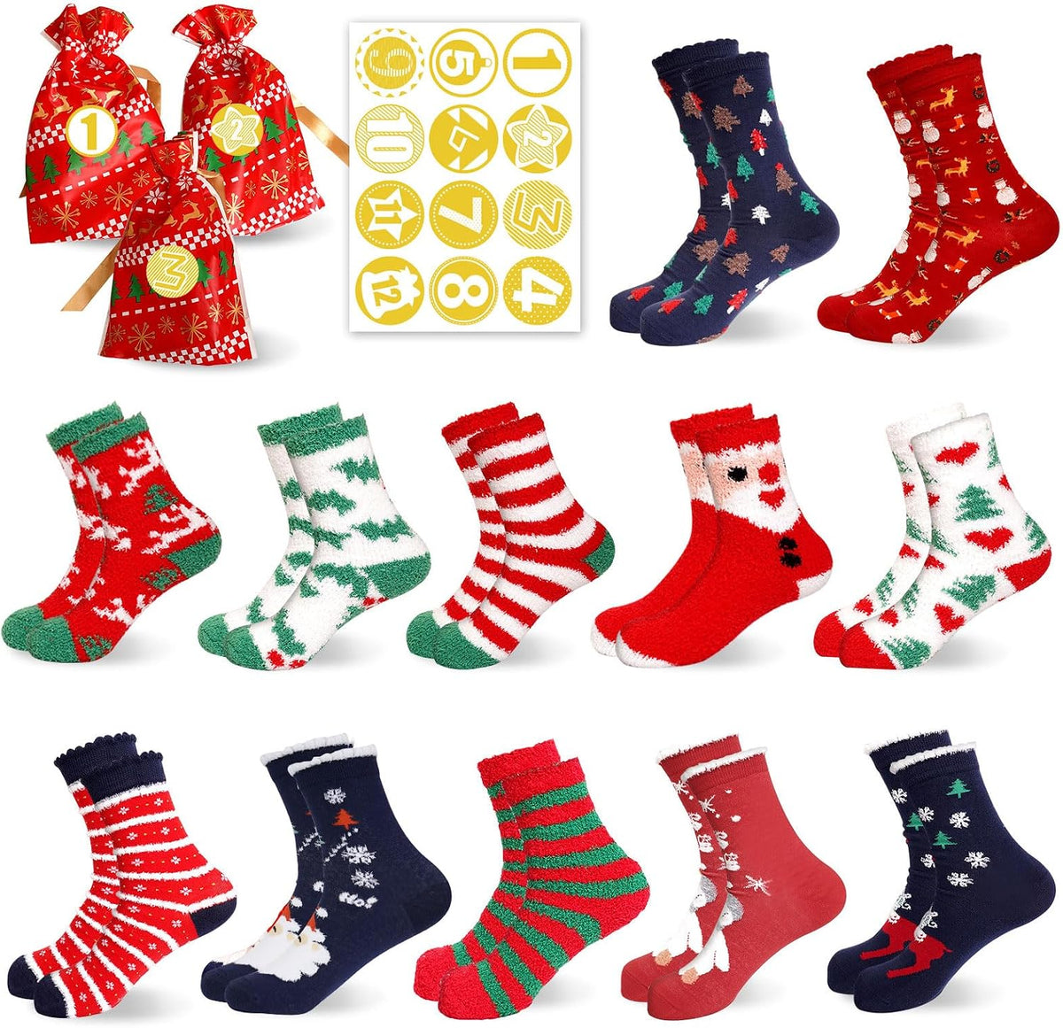 ANOTION Fuzzy Christmas Socks Advent Calendar - 12 Pairs - set and countdown packaging