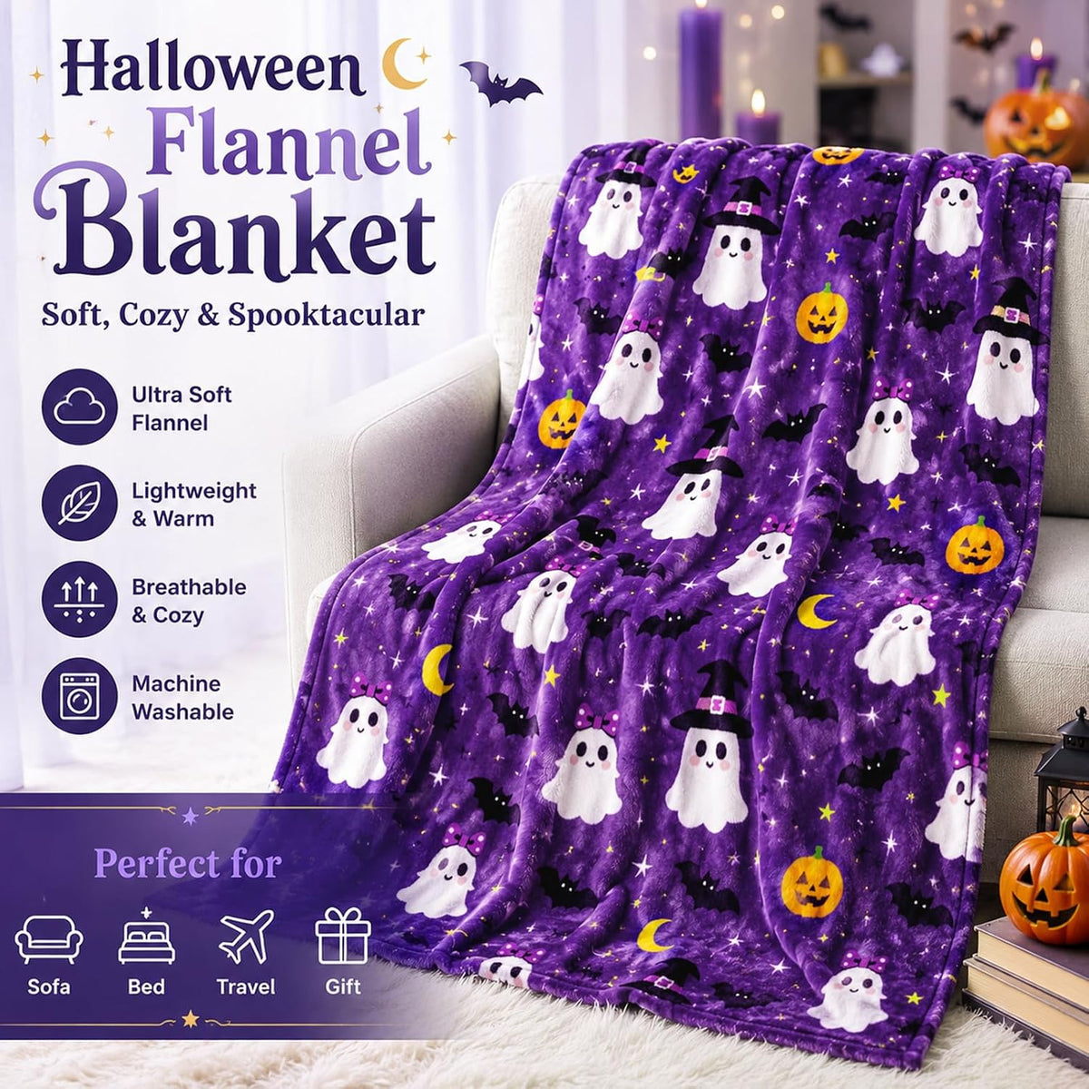 Purple Halloween Boo Basket with Cauldron Mug and Blanket - product image 3