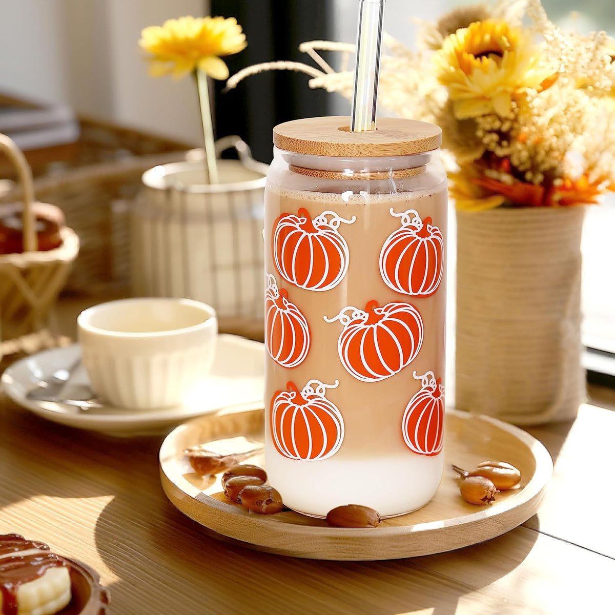 Orange Pumpkin Fall Glass Cup with Bamboo Lid - 18 oz - product image 5