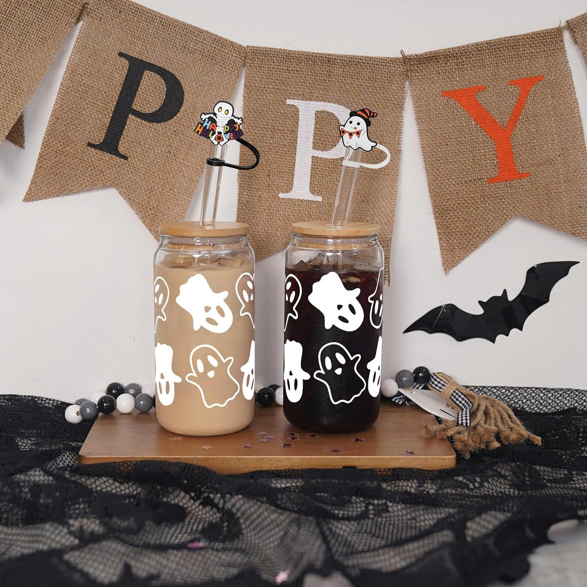 Halloween Ghost Glass Cups with Bamboo Lids - 4 Pack - product image 2