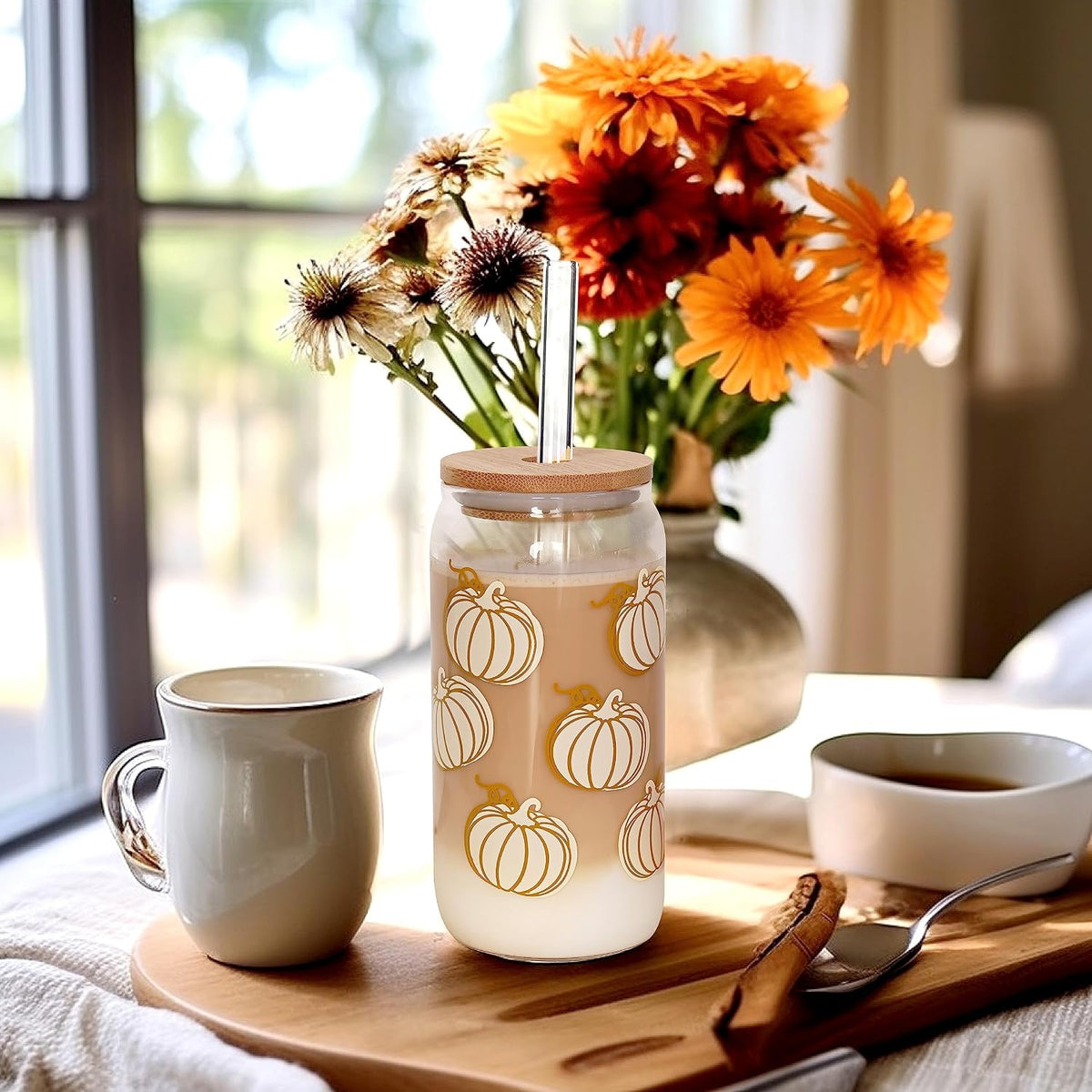 White Pumpkin Fall Glass Cup with Bamboo Lid - 18 oz - product image 6