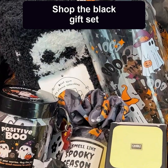 ANOTION black Halloween Boo Basket gift set arranged for Halloween gifting. Basket styling shown; gift set arrives boxed. Wicker basket and decor are display props.