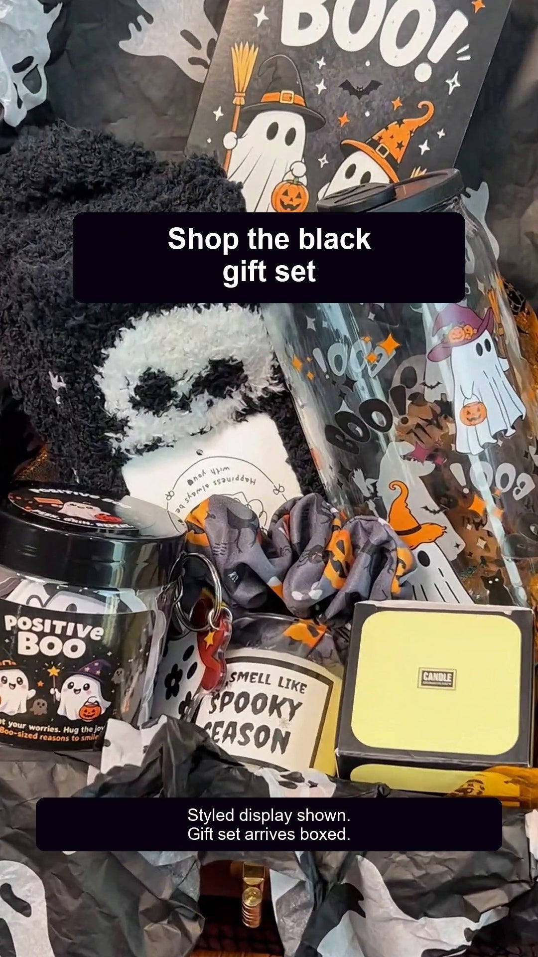 ANOTION black Halloween Boo Basket gift set arranged for Halloween gifting. Basket styling shown; gift set arrives boxed. Wicker basket and decor are display props.