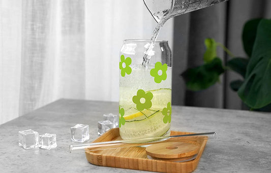 Flower Can Glass with Lids and Straw, 20OZ -Green