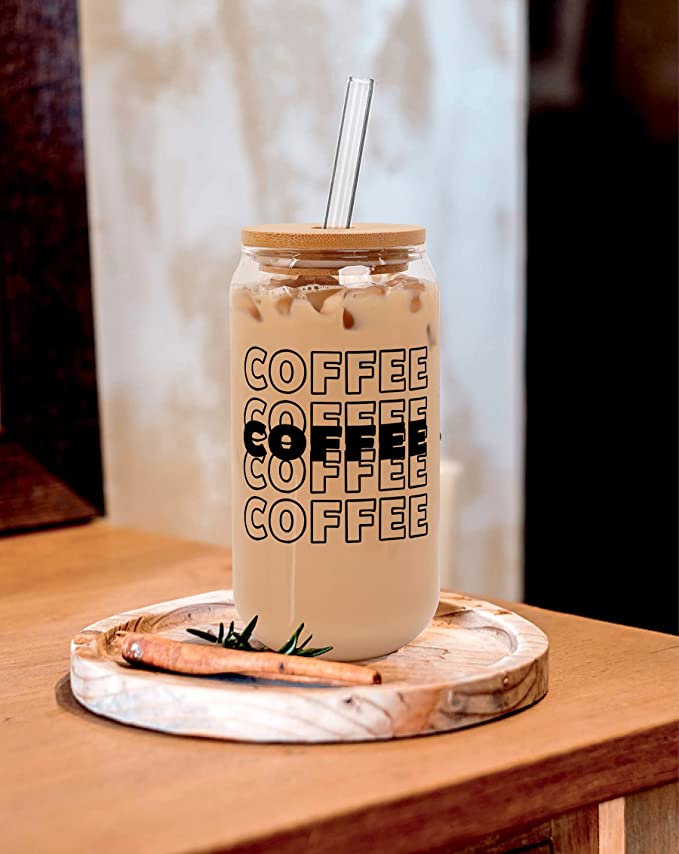 Iced Coffee Glasses Cup with bamboo lid and glass straw 20OZ-black
